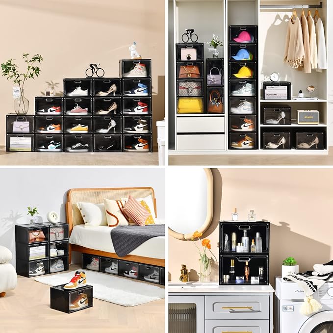 8 Pack Shoe Boxes Black Plastic Stackable, Large Shoe Storage Organizer - Image 5