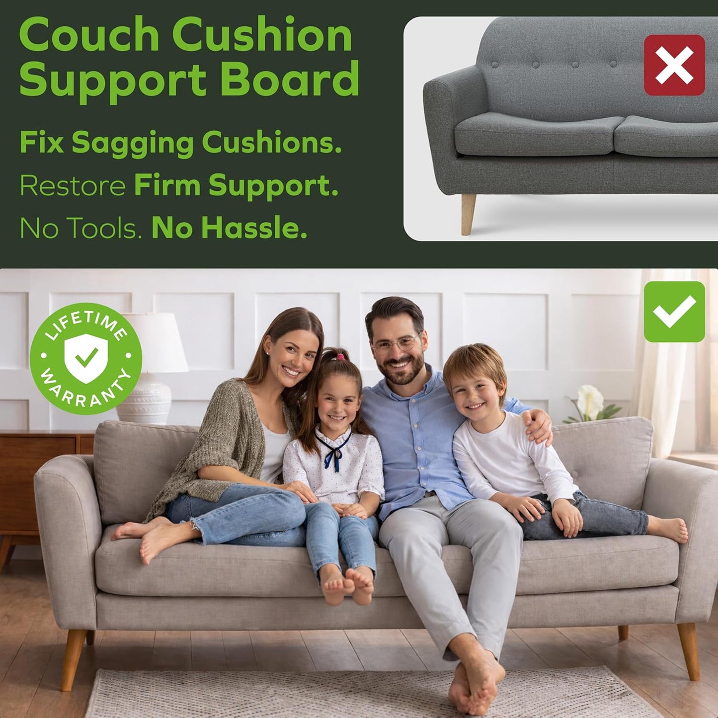 BEN'SHOME® Couch Cushion Support Board for Sagging Sofas - Stop Sinking Into Your Couch | 0.5" Thick Solid Wood, 400 LBS | Fits 58–67" x 19.7" | Anti-Slip, Lifetime Replacement