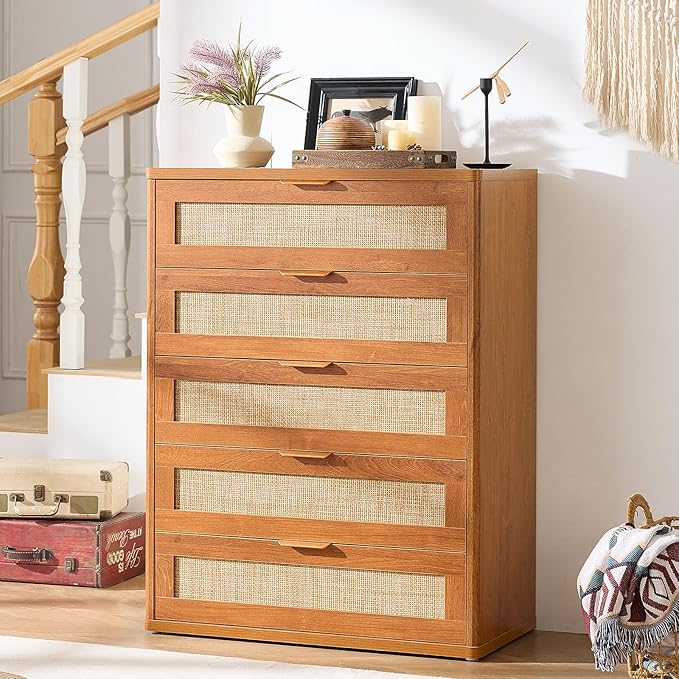 LEYAOYAO Rattan Dresser for Bedroom Set 2, Modern 5 Drawers Boho Dressers - Image 6