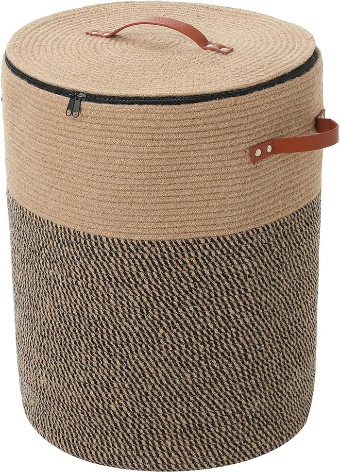 16"x20" Extra Large Cotton Rope Basket with Zipper Lid, Woven Laundry Hamper and Blanket Storage Basket, Round Clothes Bin for Living Room Bedroom, Jute & Black Mix