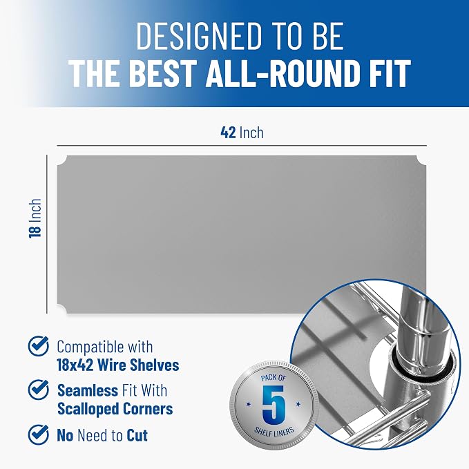 Shelf Liners for Wire Shelf System: Set of 5 in Graphite: 18 x 42 inch: Plastic - Image 2
