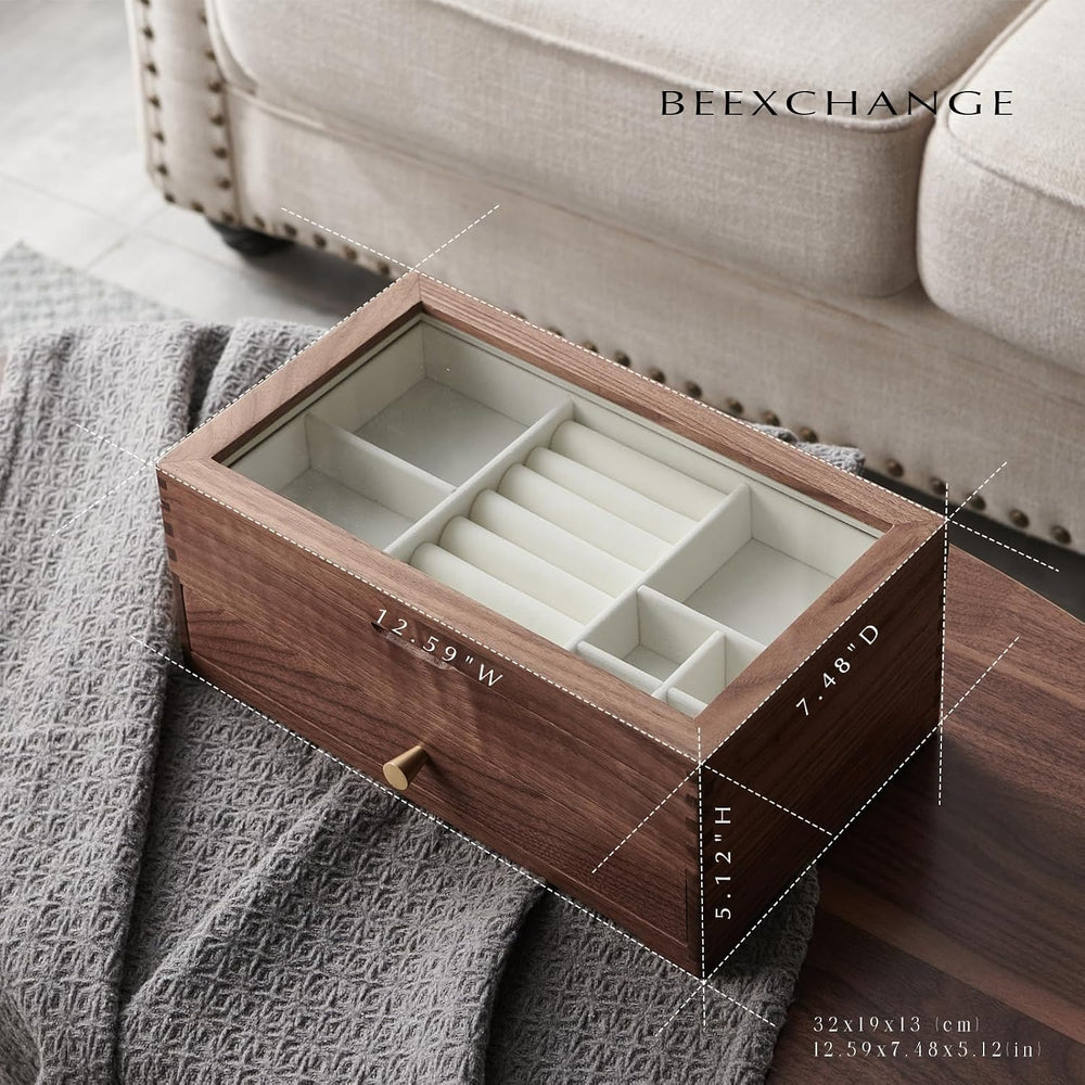 Beexchange Black Walnut Wooden Jewelry Box - Allwood, Handcrafted, Glass Lid ...