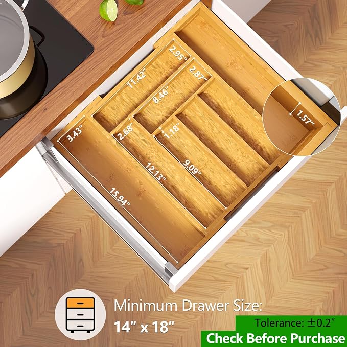 Pipishell Bamboo Silverware Organizer, Expandable Cutlery Tray, Utensil Drawer - Image 5