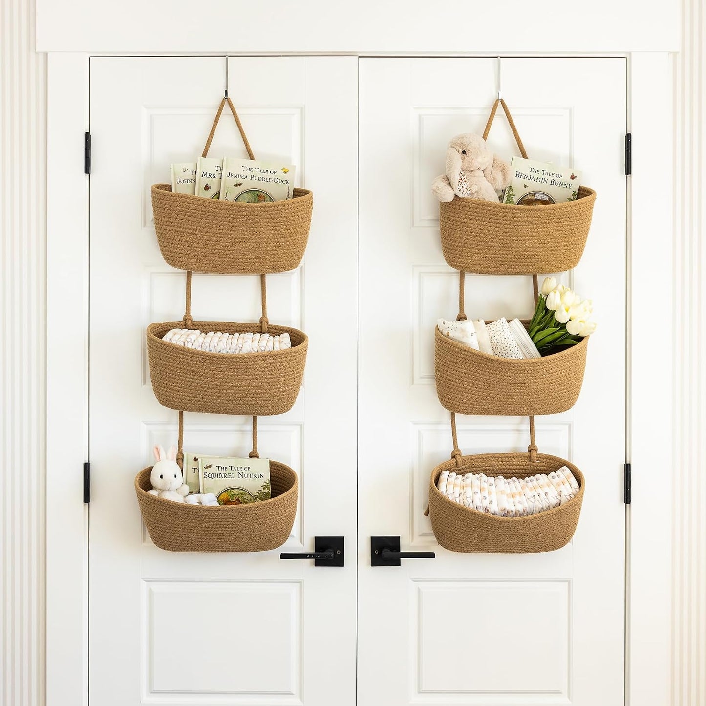 3-Tier Over the Door Hanging Basket (Set of 2) Adjustable, Detachable Woven Storage Baskets with Wall and Door Hooks - Decorative Boho Organizer for Nursery, Playroom, Bedroom, Kitchen, Apartment