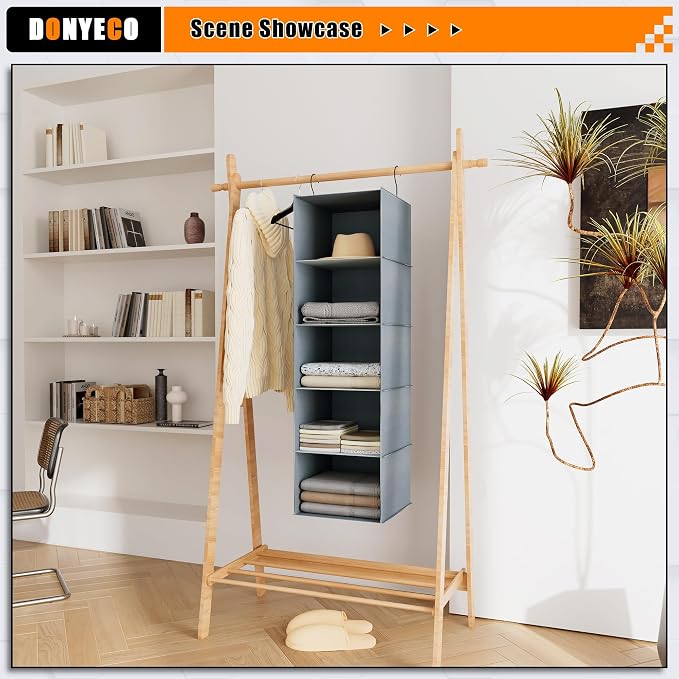 Hanging Closet Organizer 5-Shelf, Easy Mount Foldable Wardrobe Storage Shelves - Image 2