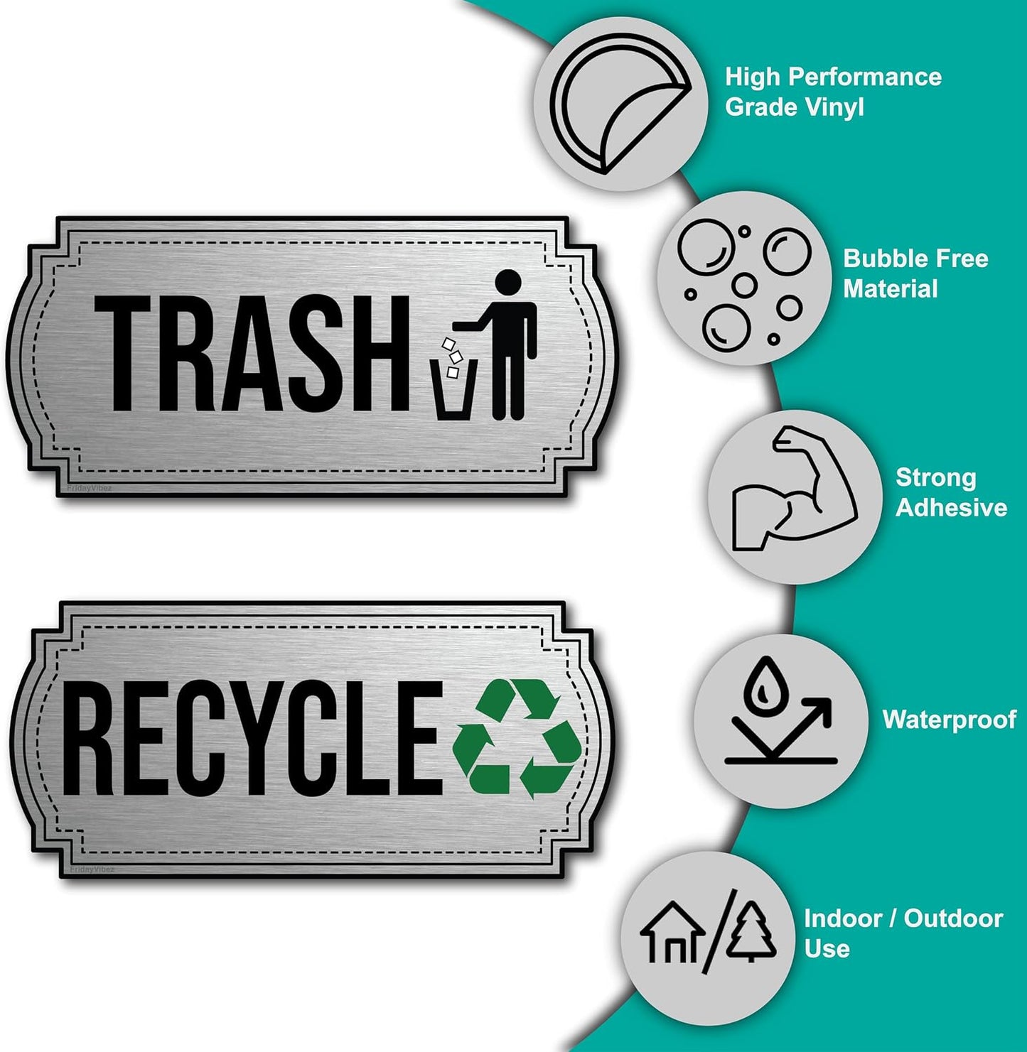Recycle and Trash Stickers for Trash Cans - Stainless Steel Style Vinyl Recycling Bin Labels - 2 Pack - 6.5" by 3" Decals Logo - Waste Signs for Home Kitchen or Office Bins Indoor/Outdoor Use