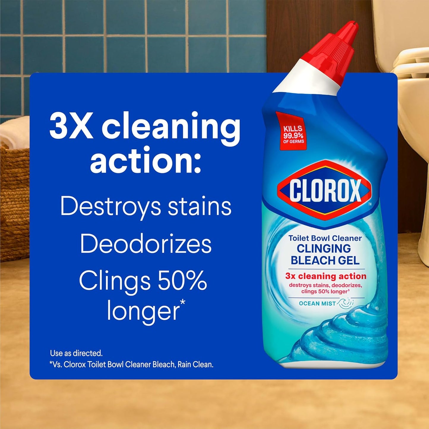 Clorox Toilet Bowl Cleaner Clinging Bleach Gel, Kills 99.9% of Bacteria and Viruses, Ocean Mist, 24 Fl Oz, Pack of 2