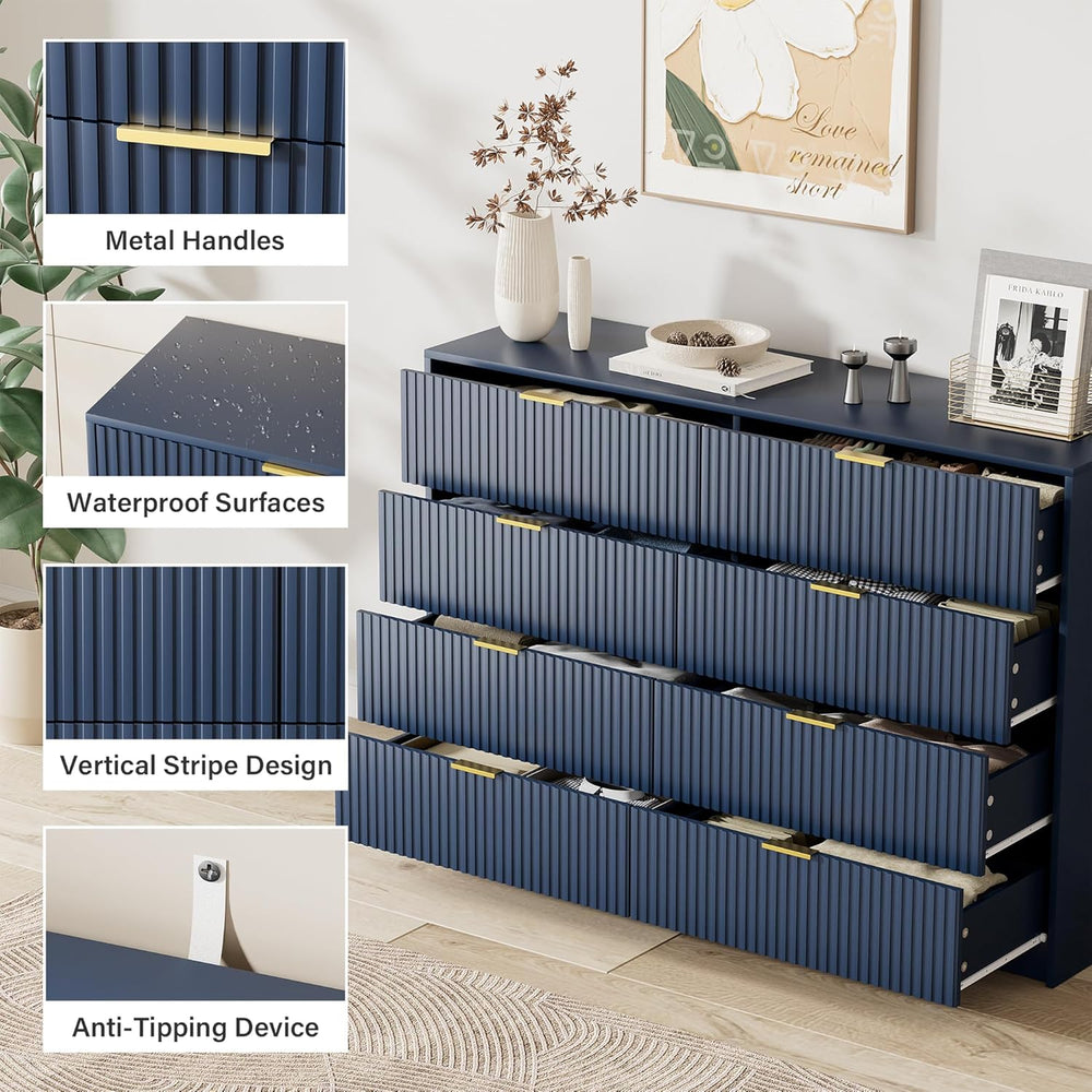 Furniway Navy Blue Dresser for Bedroom, Modern Dresser with 8 Drawers and Smo...