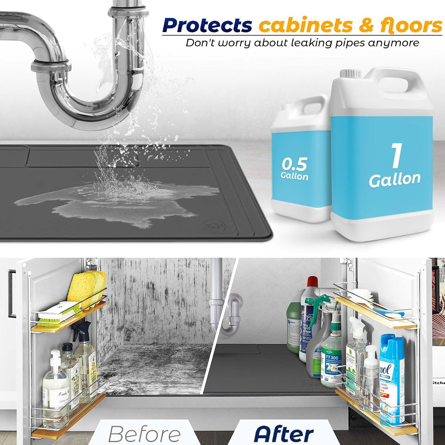 The Original Under Sink Mat - Silicone Waterproof mat, Trimmable, Easy to Clean, Kitchen cabinet liner, Under sink protector mats, Drip Tray with Lip - 31" x 22" or smaller