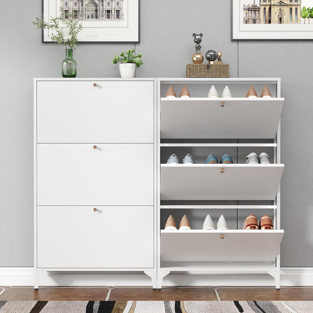 Shoe Cabinet with 3 Flip Drawers, Narrow Shoe Storage Cabinet, Farmhouse Shoe...