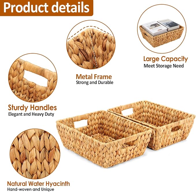 Water Hyacinth Wicker Baskets 2 Pack, Large Storage Basket - Image 3