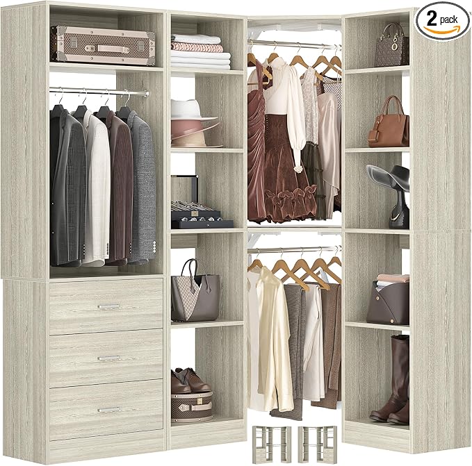 Corner Closet System with 3 Drawers, Corner Closet Organizer System with 13 by Besiost