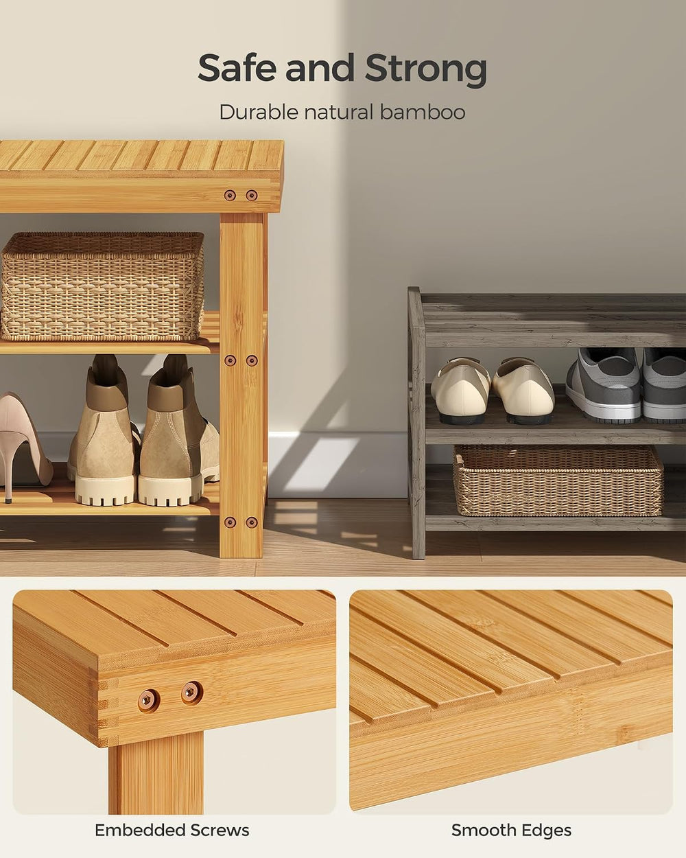 SONGMICS Shoe Rack Bench, 3-Tier Bamboo Entryway Bench, 35.4 Inches Width