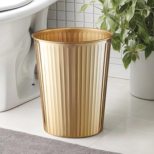 Monarch Abode Brushed Gold Handcrafted Ridge Embossed Metal Wastebasket - Image 2