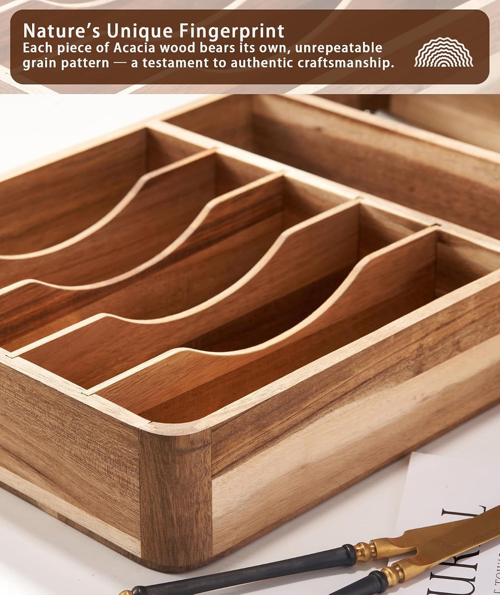 Silverware Drawer Organizer, Acacia Wood Tray for Cutlery & Flatware | Fi...