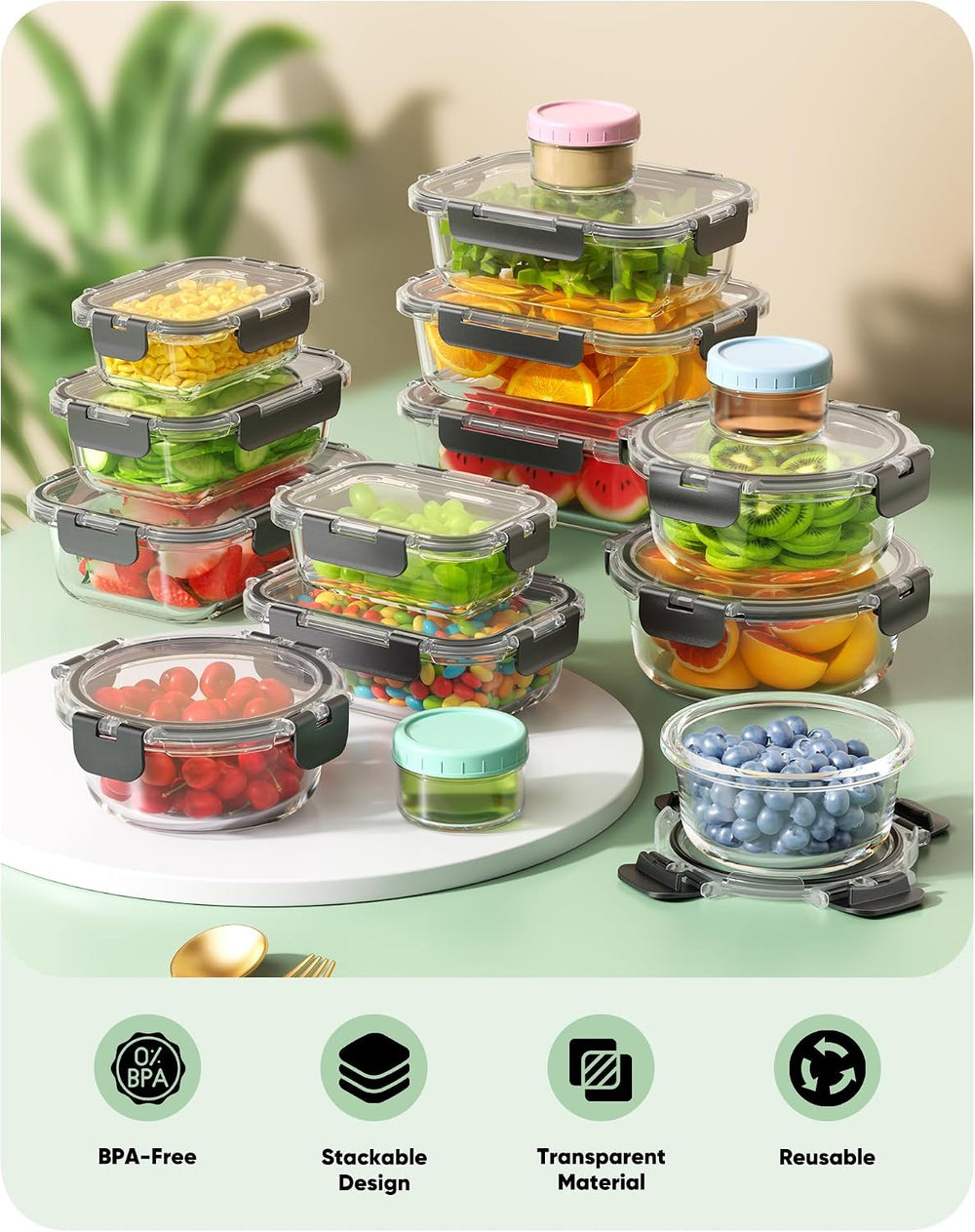 BiuLeon 40 PCS Glass Food Storage Containers with Lids, BPA-Free