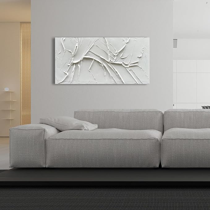 NANKAI Hand-Painted Thick Texture White Minimalist Oil Painting 24x48 Inches - Image 4