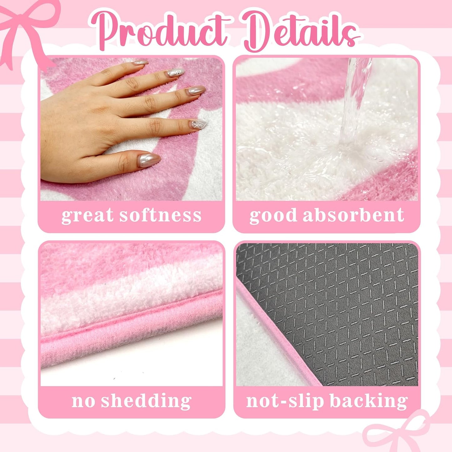 Haiddle Pink Bows Rugs Bow Mat for Bathroom Decor Scalloped Bow Rug for Girls Women Bedroom Non Slip Soft Absorbent Bath Mats Washable Coquette Mats for Bathtub Shower Floor Decoration 16.9" x 29.9"