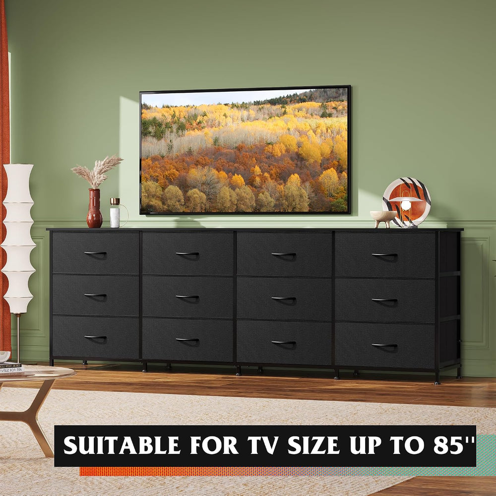 WLIVE Long Dresser TV Stand for 85 Inch TV, 12 Drawer Dresser, Black