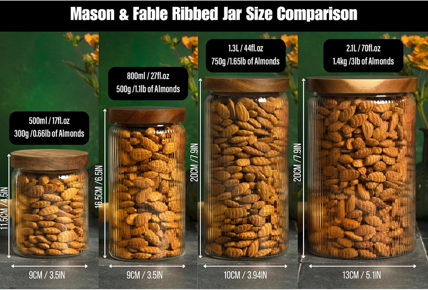 Mason & Fable Ribbed Glass Jar with Wooden Lid 70fl.oz- Set of 2 | Airtight Fluted Storage Container for Cookies, Pasta, Coffee, Dog Treats, Snacks | Organization Canisters for Home & Kitchen