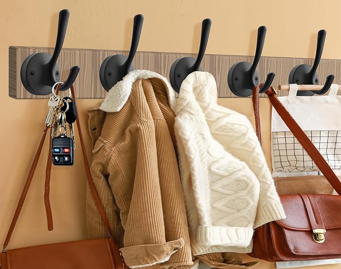 Black Towel Hooks for Wall, 5 Pack Coat Robe Hook Heavy Duty Metal Double Bath - Image 2