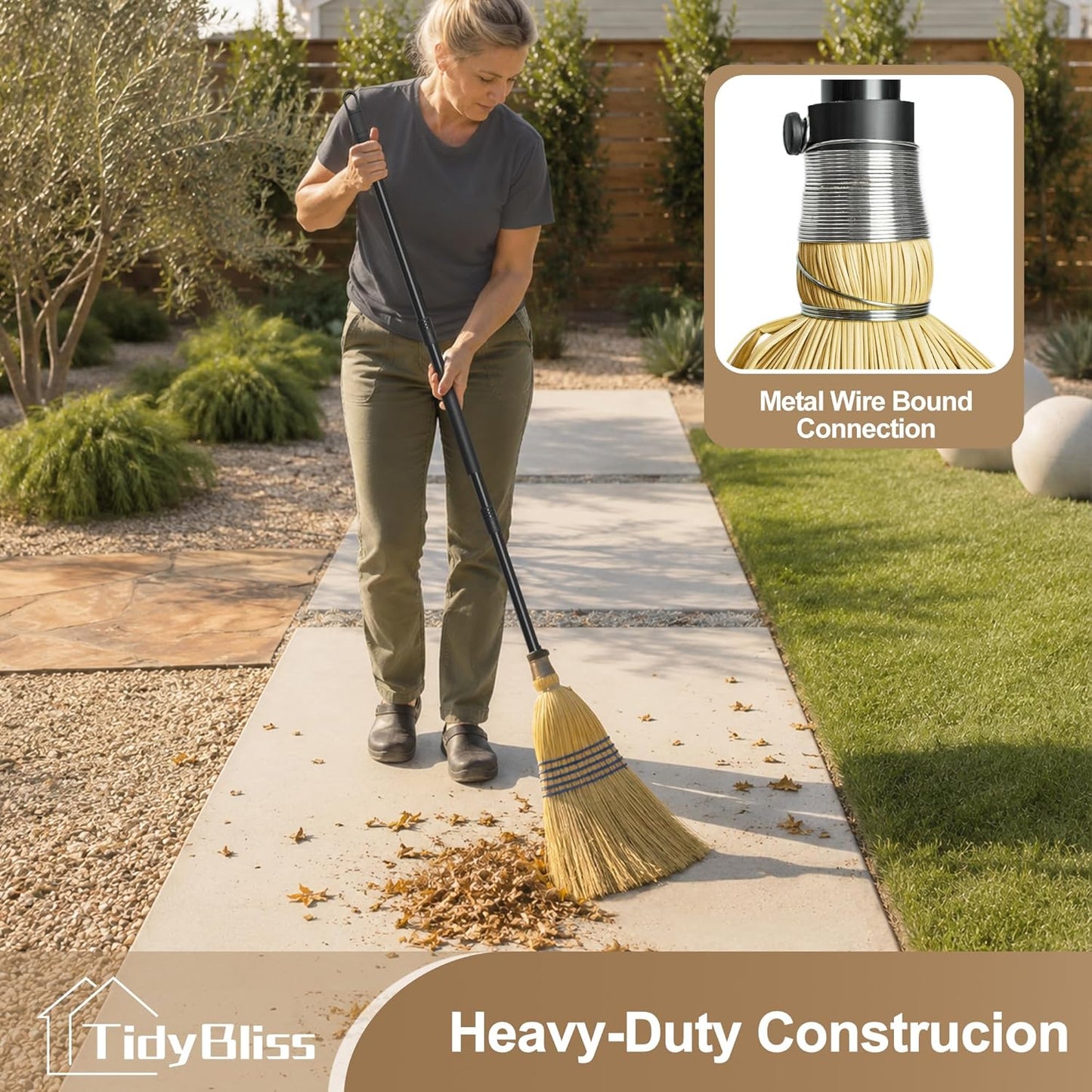 TidyBliss Corn Broom Heavy Duty, 59 inches Tall Household Indoor Outdoor Natural Straw Brush for Sweeping Garden, Garage, Yard, Porch, Patio, Sidewalk, Concrete, Stone Floors