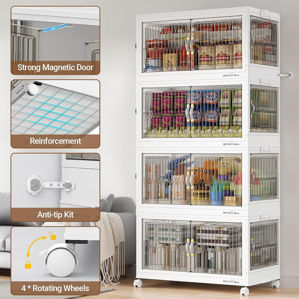 BROVIEW 480Qt Stackable Storage Bins with 4 Lids, Front and Side Open Doors, ...
