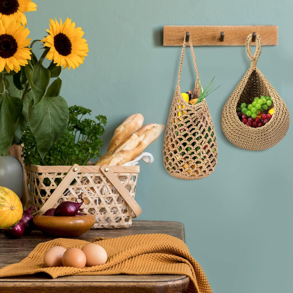 9 Pcs Jute Fruit Hanging Baskets for Kitchen, Boho Woven Wall Baskets, Produc...