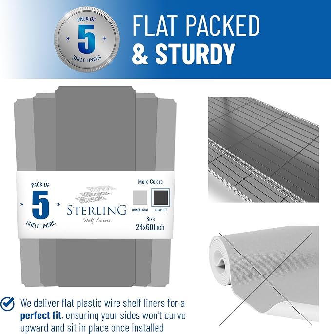 Shelf Liners for Wire Shelf System: Set of 5 in Graphite: 24 x 60 inch: Plastic - Image 3