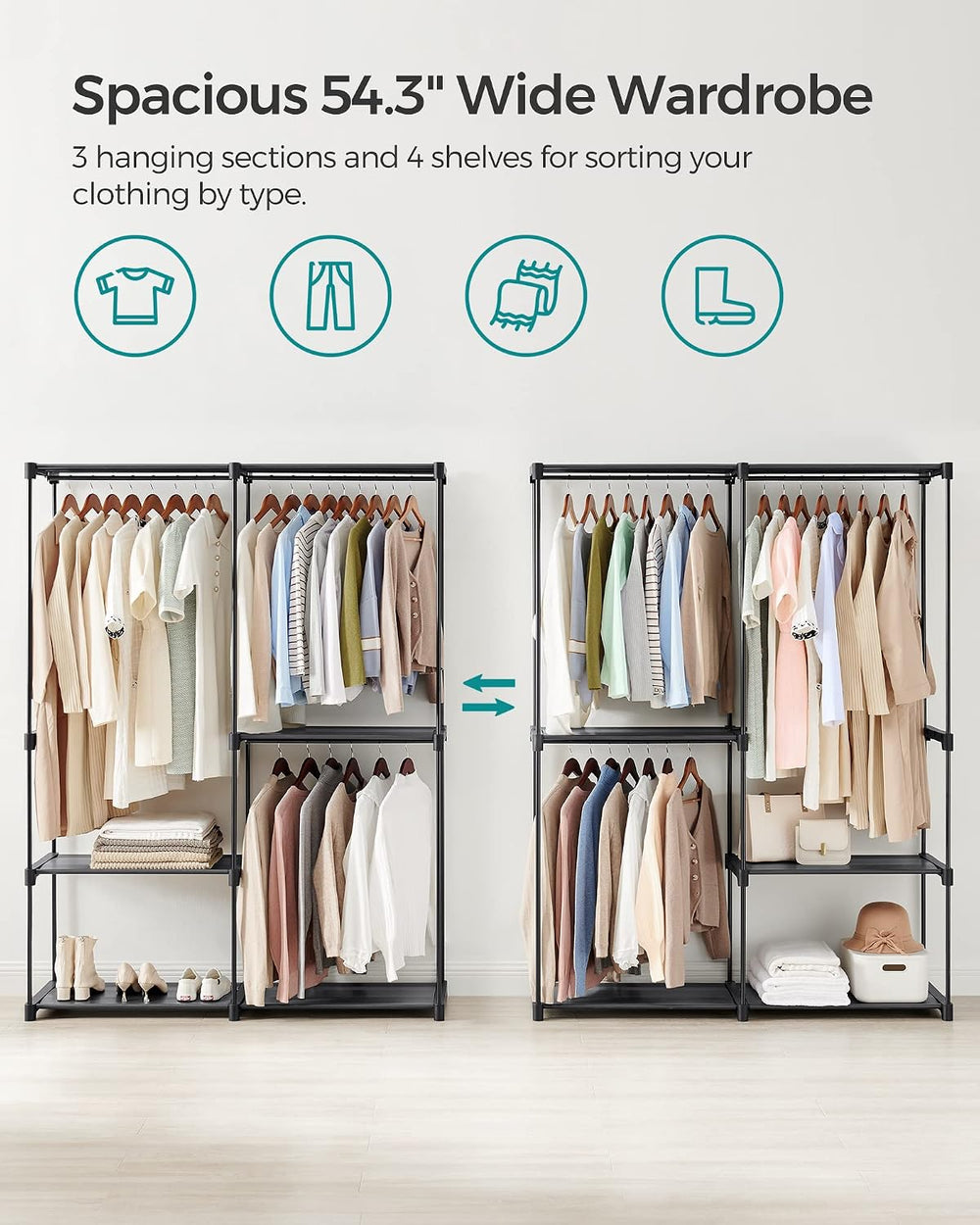 SONGMICS Portable Closet, Storage Organizer, 54.3 x 16.9 x 71.7 Inches