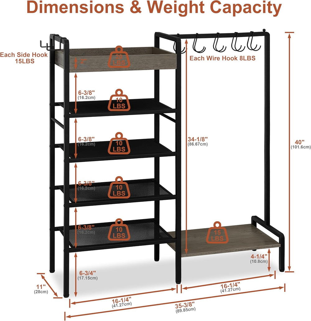 2-in-1 Shoe and Purse Rack, 5-Tier Shoe Rack with Wooden Tray & 7 Hooks, ...