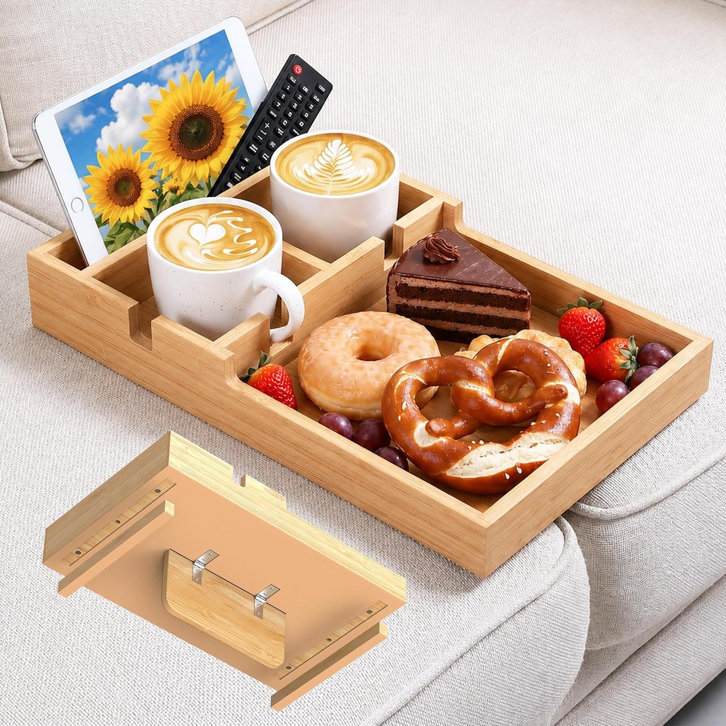 Couch Tray Insert for Middle Seat, Bamboo Couch Table with 2 Cup Holders, Natural, Fits Armless Sofa & Sectionals