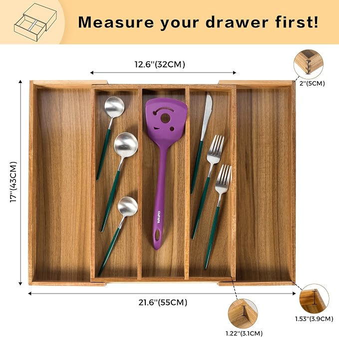 Utoplike Acacia Kitchen Drawer Organizer Expandable, Large Utensils and Cutlery - Image 3