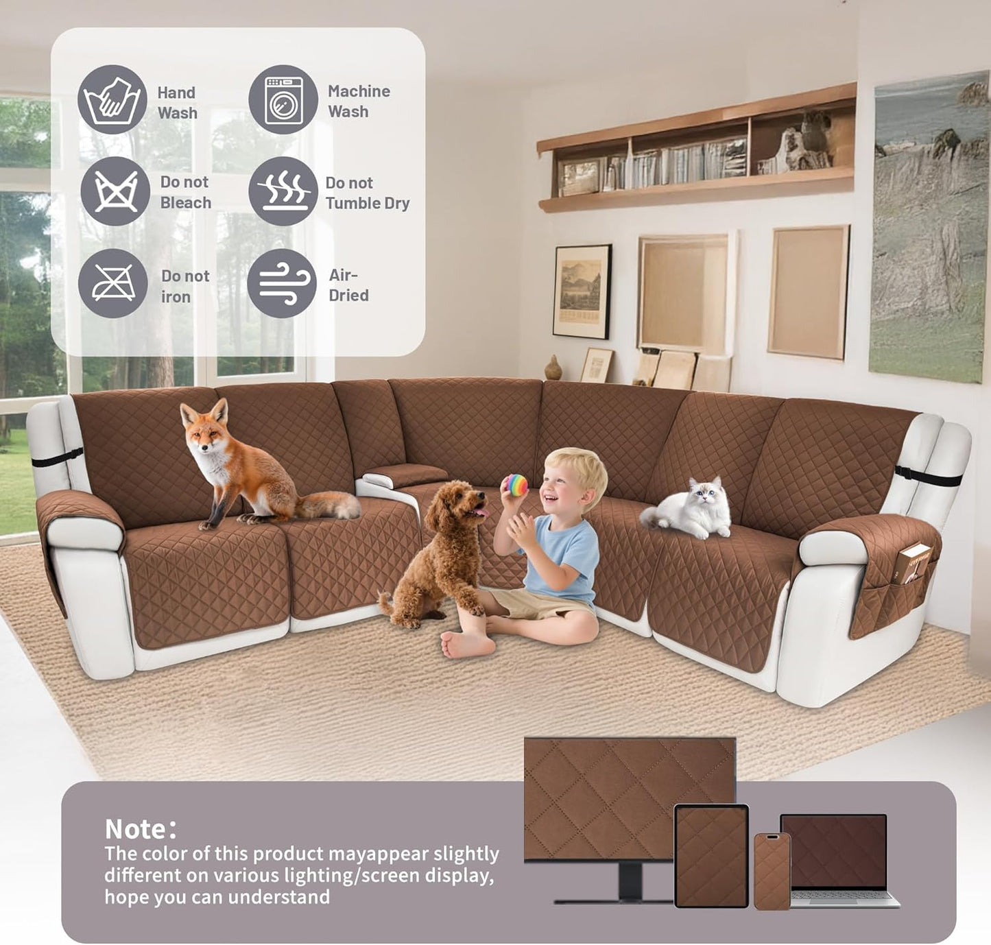 Waterproof Sectional Reclining Couch Covers L Shaped Recliner Sectional Sofa Cover 8 Piece Non Slip Washable Corner Recliner Slipcover Set for Pet Dog (5 Seater 1 Console Cover, Coffee)