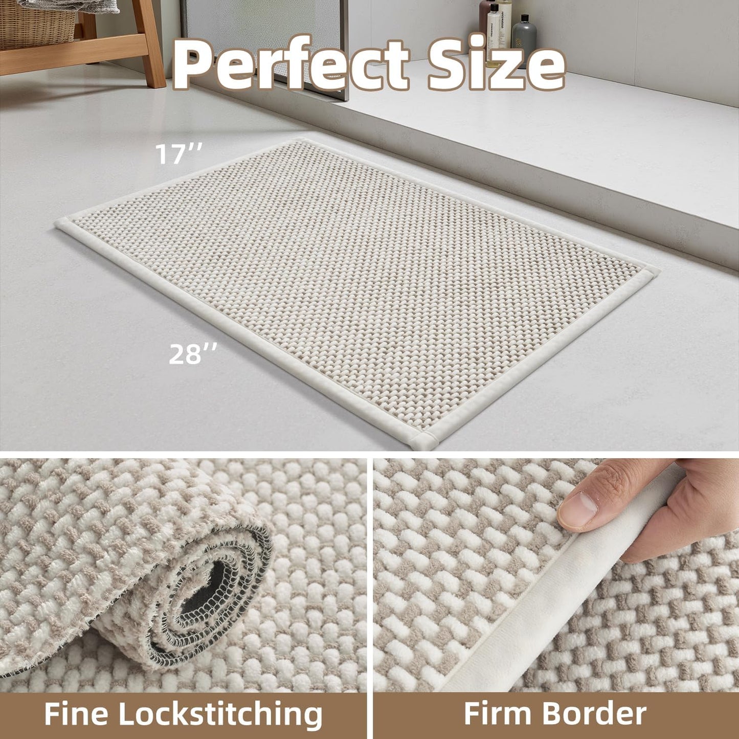 PADOOR-Bath Mat-Super Absorbent Chenille Bathroom Mats-Rubber Backed Bath Mats for Bathroom Non Slip, Easy Clean Bathroom Rugs Front of Bathtub,Shower Room,Sink-17×28, Beige&Cream