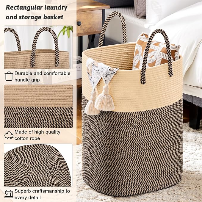 Laundry Basket, Woven Cotton Rope Laundry Hamper, Versatile Storage