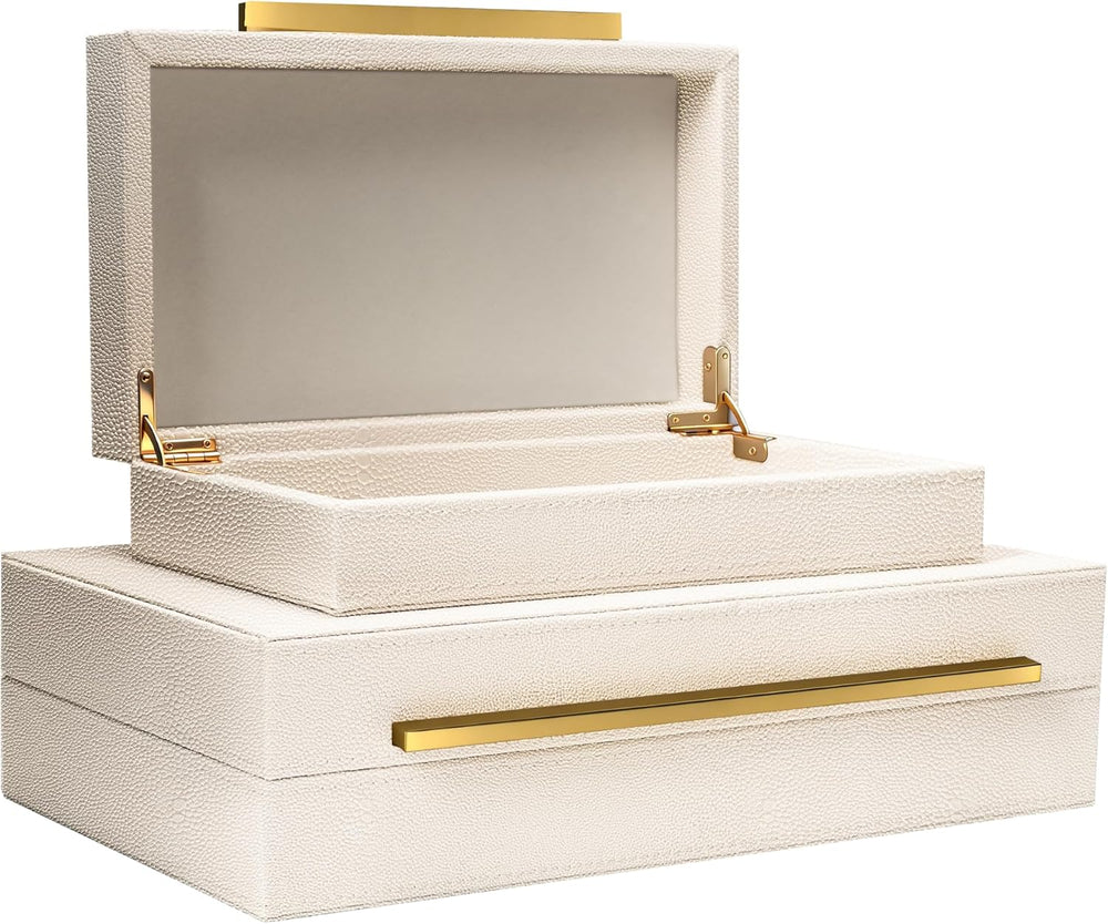 Sagala Set of 2 Beige Shagreen Decorative Boxes With Gold Metal Handles, Faux...