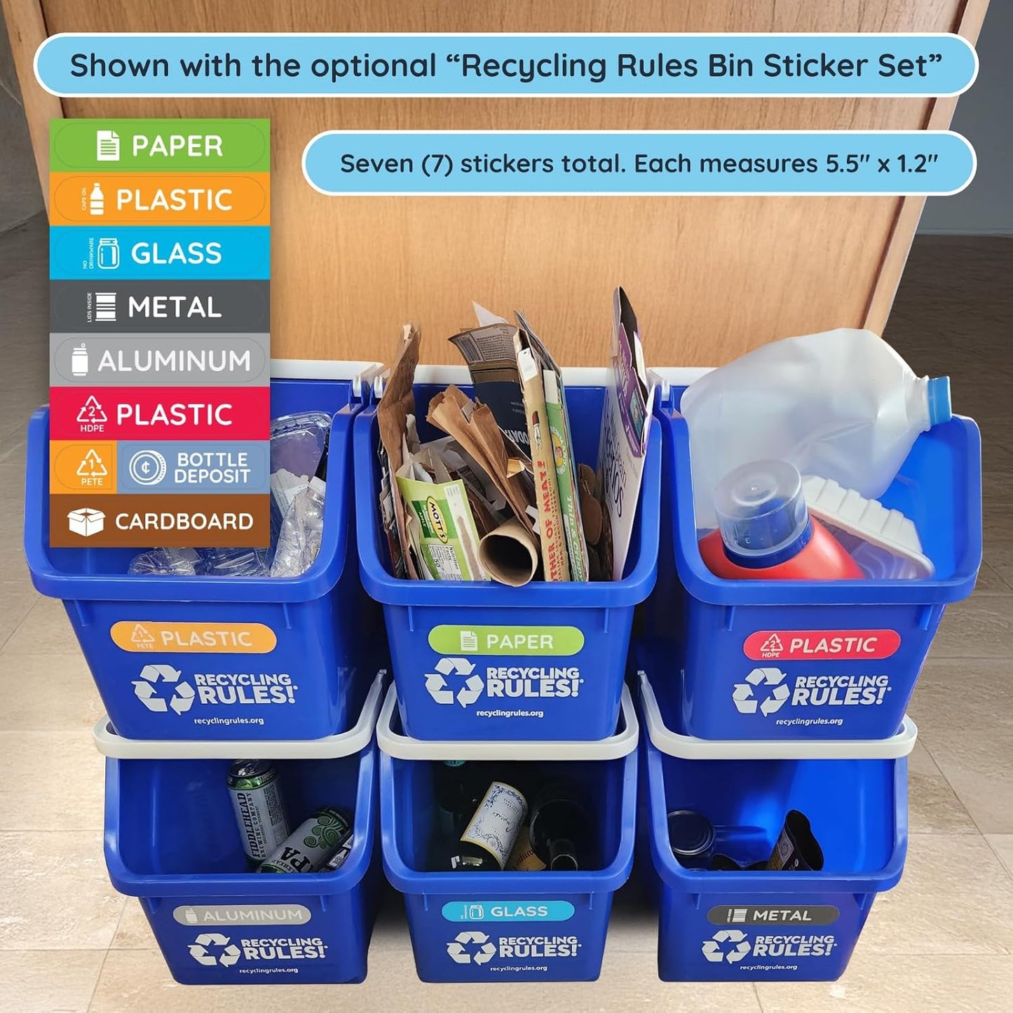 6 Gallon Stackable Recycling Bin Container in Blue, Eco-Friendly BPA-Free Handy Recycler with Handle, 6-Pack