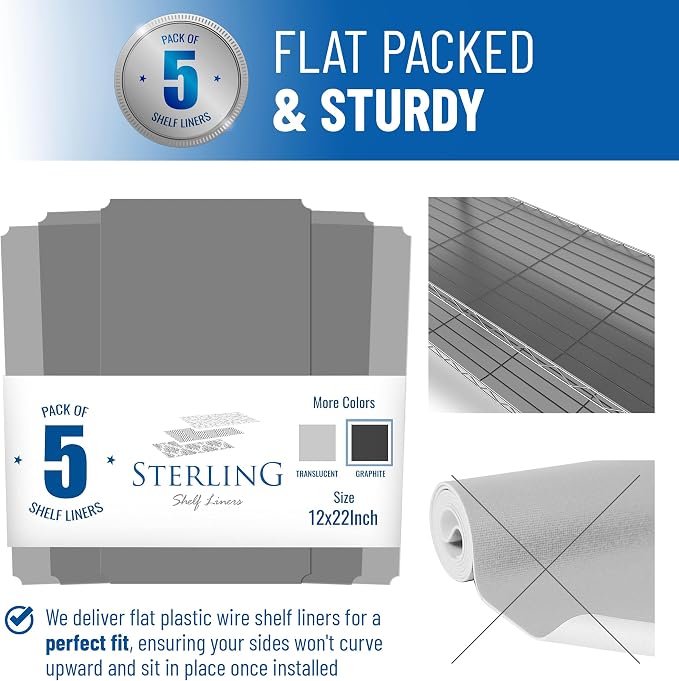 Shelf Liners for Wire Shelf System: Set of 5 in Graphite: 12 x 22 inch: Plastic - Image 3
