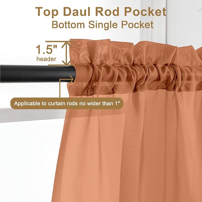 Chyhomenyc Orange Sheer Curtains 63 Inch Length 2 Panels, Light Filtering Airy - Image 3