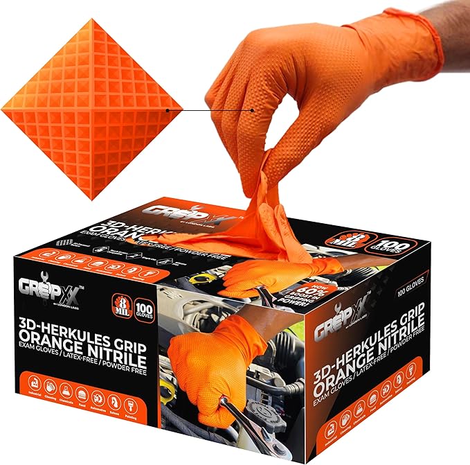Herkules Grip Heavy Duty 8Mil Orange Nitrile Gloves, 3D Raised Diamond by GRIPXX