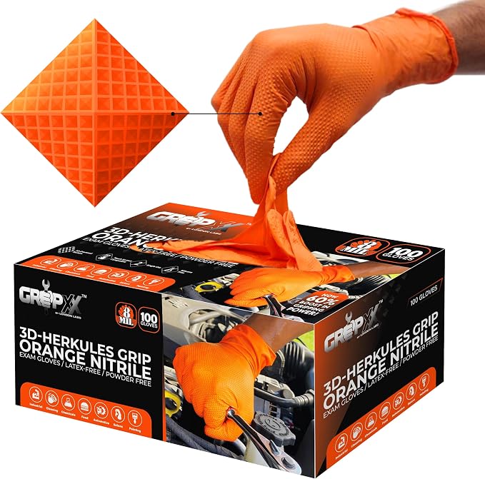 Herkules Grip Heavy Duty 8Mil Orange Nitrile Gloves, 3D Raised Diamond by GRIPXX