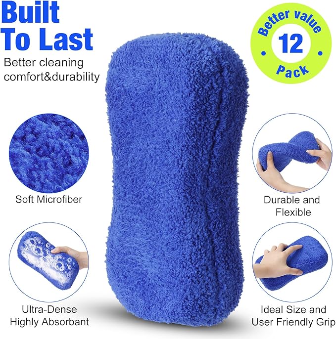 12 Pack Microfiber Car Wash Sponge 9" x 4.3" Large Sponges Two-Sided - Image 3