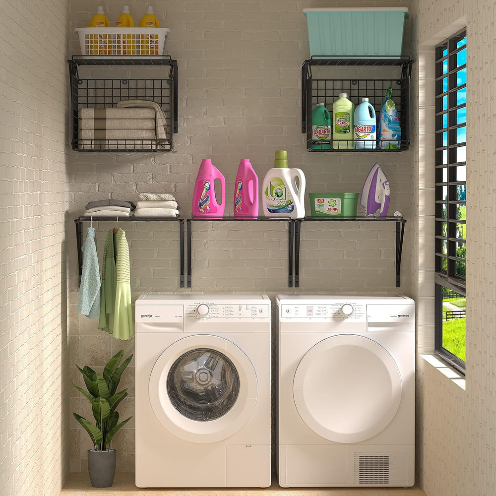3IngSeagulls 2 Pack Laundry Room Shelves, Wire Baskets with 8 Hooks, Over Was...