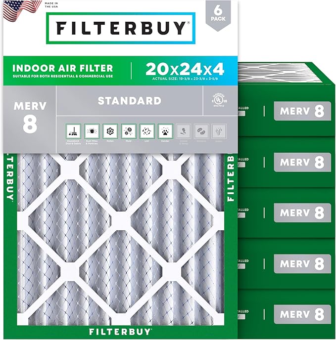 Filterbuy 20x24x4 Air Filter MERV 8 Dust Defense Replacement, Electrostatic by Filterbuy