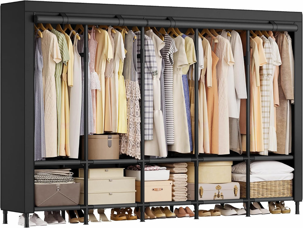 SONGMICS Wardrobe Closet, Fabric Cover, 5 Hanging Rails, 10 Shelves