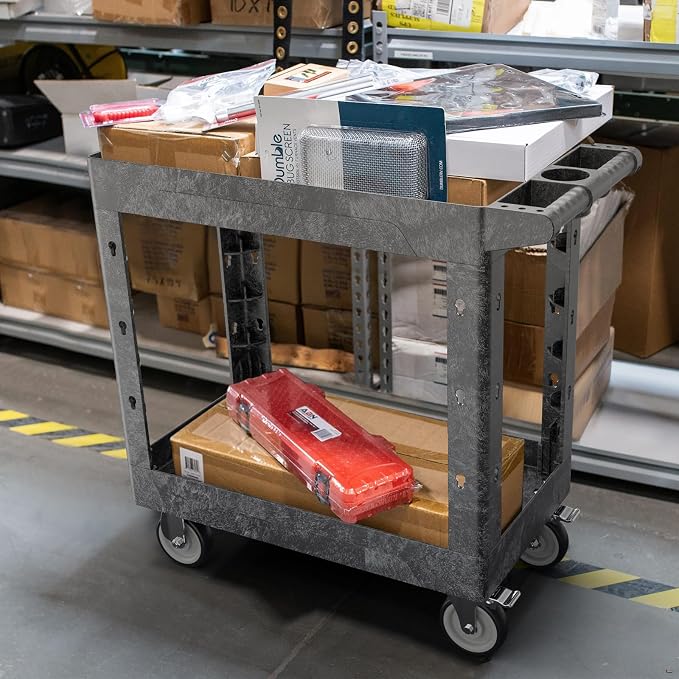 Large Garage Plastic Utility Cart, Heavy Duty 2 Shelf Tool Cart Service Cart - Image 2
