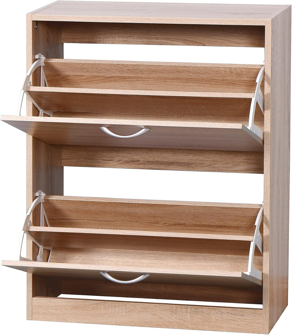 Shoe Cabinet, 2 Flip Drawers Wooden Freestanding Shoe Rack, Wooden Shoe Stora...