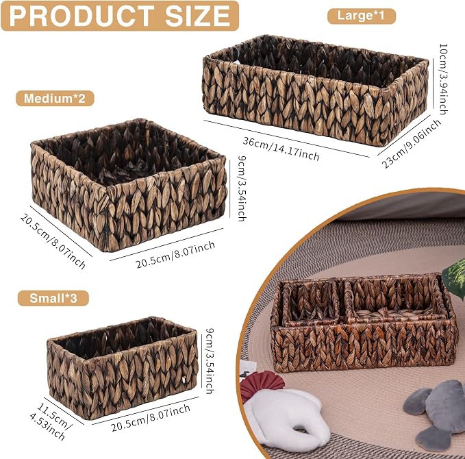 Handwoven Wicker Storage Baskets Set, Natural water hyacinth & Iron Frame | - Image 3