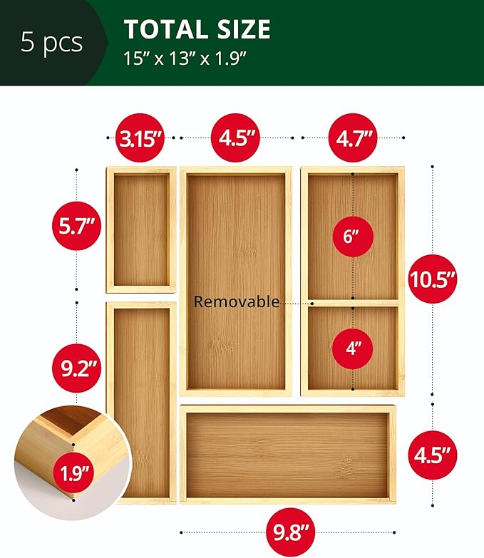 ROYAL CRAFT WOOD 5-Piece Bamboo Drawer Organizer Set – Multi-Use Storage Trays - Image 2
